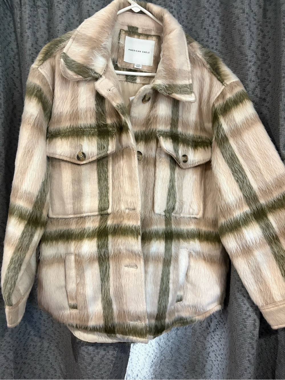 American Eagle Outfitters Beige and Olive Plaid Teddy Jacket